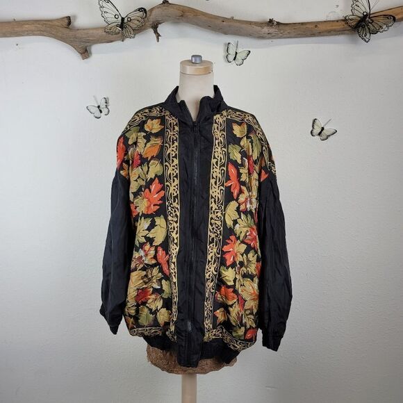 Vintage silk zip up bomber jacket foliage print - Picture 2 of 8